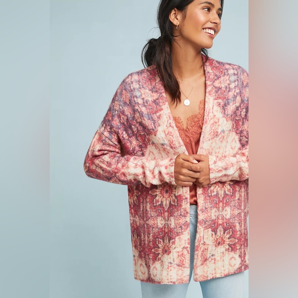 Anthropologie Akemi + Kin Natalia Floral-Intarsia Cardigan - Pink Pattern Cozy